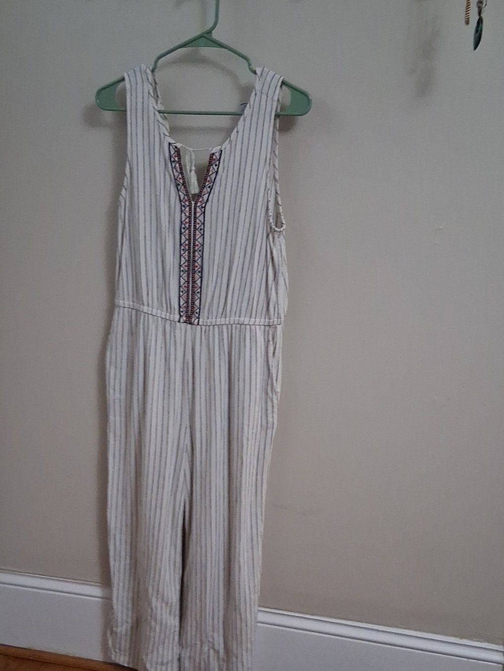 Old Navy White and Gray Striped Sleeveless Jumpsuit with Embroidered Front